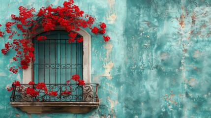 An Italian balcony with climbing plants and an outdoor wall area. This is an Stock image.