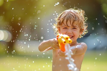 Poster - Young boy kid having fun with a water gun , summer activity with squirt pistol