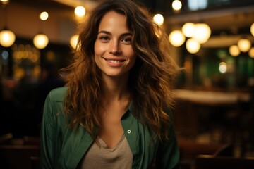 Woman with a wide smile dressed with green jacket and brown t-shirt smiling widely, generative IA