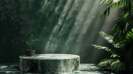 Poster - A 3D render of a podium with palm leaves on a green background. An Stock image