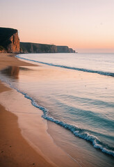 a beach at sunset with waves breaking on the sand and cliffs in the background