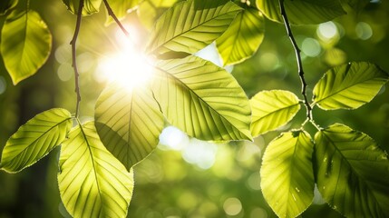 Wall Mural - A macro photograph of leaves backlit by the sun in a forest setting