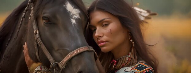 Wall Mural - Native American woman embracing her horse. 4K Video