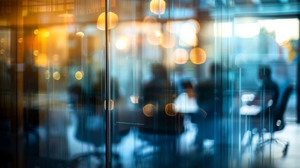 A blurred photo of a conference room viewed from outside, through a glass door that is slightly ajar. The people inside the room are visible as silhouettes and are engaged in a meeting or discussion