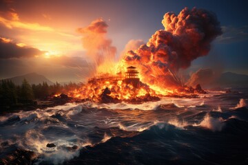 Wall Mural - Volcanic eruption in Hawaii, Lava finds the ocean., generative IA