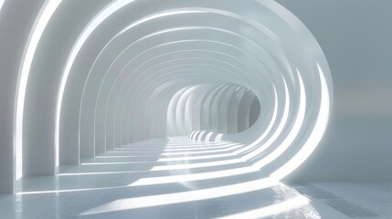 Poster - Decorative 3D render with abstract architecture as the background and curved white stairways as the interior. Stock.