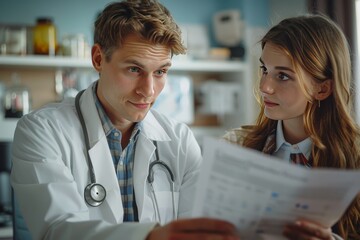 Wall Mural - a doctor who shows a document in front of a patient , Stock image, High quality image, very realistic in expression, natural lighting, highly detailed, The texture is very realistically expressed,, sh