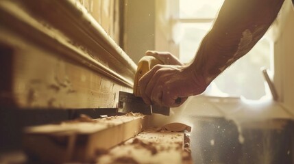 Wall Mural - In a dusty room a carpenter uses a saw to trim down a piece of wood to fit as part of the crown molding.