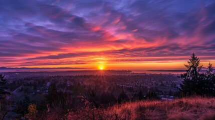 Wall Mural - A breathtaking wide angle shot capturing the golden hour sunset over a city, with the sky ablaze with vibrant hues of purple, orange, and red