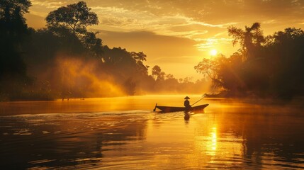 Wall Mural - Beautiful sunset scene with a fisherman on a boat in the river.  Stock Art