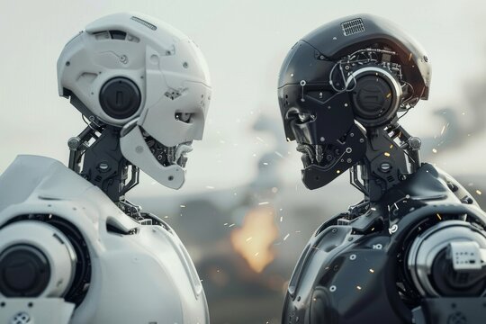 a realistic photo of two group of robot facing each other in battlefield 