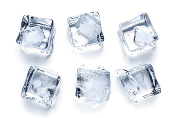 Ice cubes collection top view isolated on white background