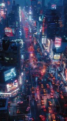 Wall Mural - A bustling city intersection at night, realistic.