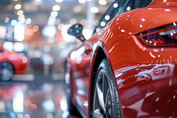 Wall Mural - Cropped image of new car in dealers showroom. Detail of luxury car for lease in rent office. Car sales business