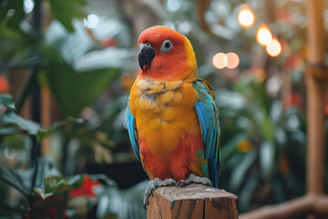 Aufkleber - Aesthetic shot of a parrot with under-eye patches, perched calmly on a stand,
