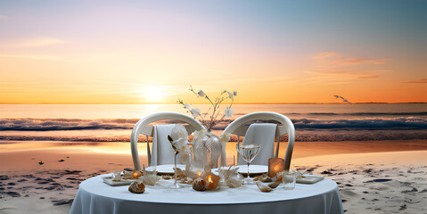 Wall Mural - Honeymoon Candlelight Dinner by the Sea with Lanterns and Wine