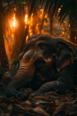 Poster - Aesthetic image of an elephant with under-eye patches, resting in the shade,