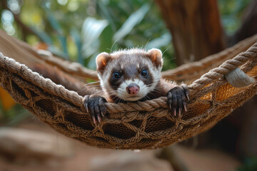 Poster - Elegant image of a ferret with under-eye patches, stretching out in a hammock,