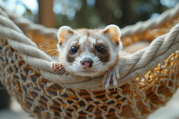 Poster - Elegant image of a ferret with under-eye patches, stretching out in a hammock,