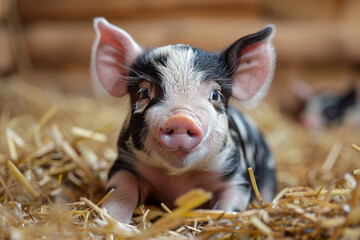 Poster - Close-up of a piglet with eye patches, resting in a straw-filled pen,