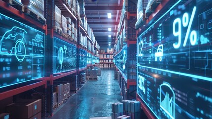 Wall Mural - Holographic warehouse with boxes and pallets goods on shelves, digital technology overlay showing data visualization of product sales or global logistics network.