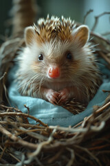 Wall Mural - Close-up of a hedgehog with under-eye patches, curled up in a cozy nest,