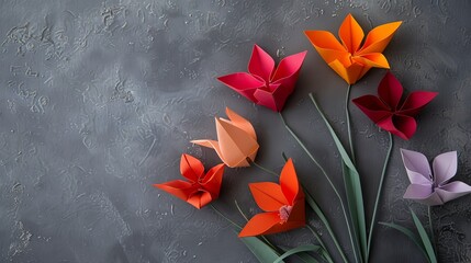 Wall Mural - The origami tulip is made of multicolor paper on a light gray background. Image derived using stock