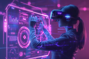 Wall Mural - Virtual reality glasses worn by a woman. Concept for the future.