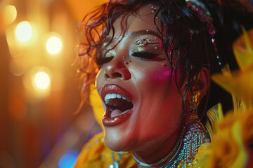 Poster - Dramatic shot of a drag queen singing, with emotion and passion evident in the performance,