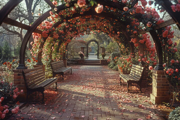 Poster - Aesthetic landscape design featuring a rose garden with arched trellises and benches,