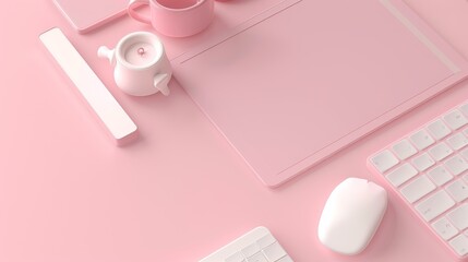 Poster - Stylish white home office desk with laptop and pink decorations. -enhanced workspace concept.
