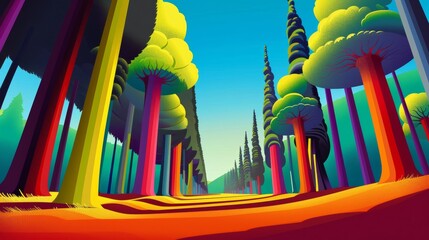 Wall Mural - forest with giant pines and firs, through which you can see a sun-drenched meadow, where you want to relax and rest and catch zen Psychedelic Rock art, illustration