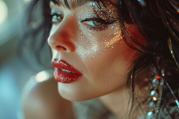 Fototapete - Dramatic image of a drag queen lip-syncing to a powerful ballad, with expressive gestures,