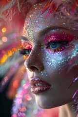 Wall Mural - Close-up of a drag queen with vibrant makeup and a dazzling headpiece,