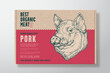 © createvil - Pork Meat Vector Packaging Label Design on a Craft Cardboard Food Box Container. Modern Typography and Hand Drawn Domestic Pig Face Head Background Layout Isolated