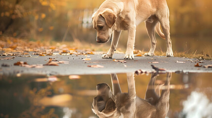 Wall Mural - dog standing and looking at his reflection 