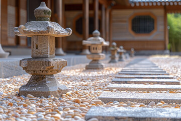Aufkleber - Minimalist landscape design showcasing a zen garden with gravel paths and stone lanterns,