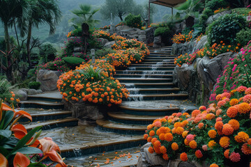 Aufkleber - Landscape design with cascading terraces and vibrant flower arrangements,