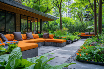 Poster - Modern landscape design with outdoor seating areas surrounded by greenery,