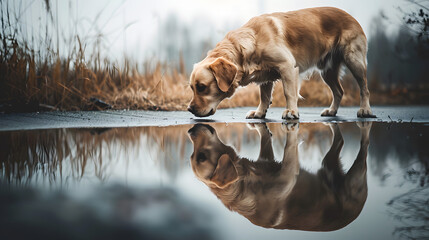 Wall Mural - dog standing and looking at his reflection 