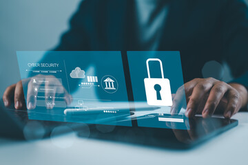 Fototapete - Cyber ​​security and data protection, businessman uses tablet to connect network, personal data security, padlock icon, internet security business and networking.