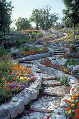 Poster - Aesthetic landscape design with terraced flower beds and winding stone paths,