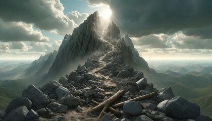 Wall Mural - concept of failure without any people. It shows a steep, rocky mountain with a difficult path littered with obstacles, under a cloudy sky with a single ray of sunlight