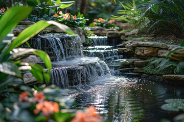 Poster - Aesthetic landscape design featuring a tranquil garden with a flowing water feature,