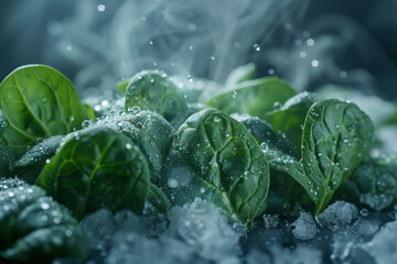 Aufkleber - Minimalist image of frozen spinach with cold vapor in a macro view,