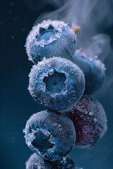 Aufkleber - Macro close-up of frozen blueberries emitting frosty steam, minimalist aesthetic,
