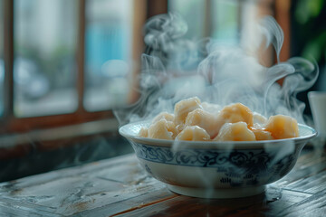 Aufkleber - Minimalist design of frozen dumplings releasing cold vapor,