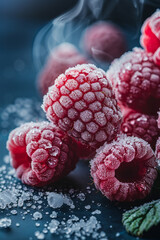 Poster - Macro shot of frozen raspberries with frosty steam, in a minimalist design,