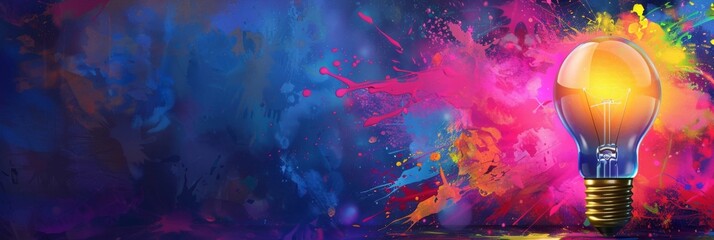 Poster - This is a creative light bulb that explodes with colors and paint. It's a brainstorming concept, a new idea, and a bright banner with splashes.