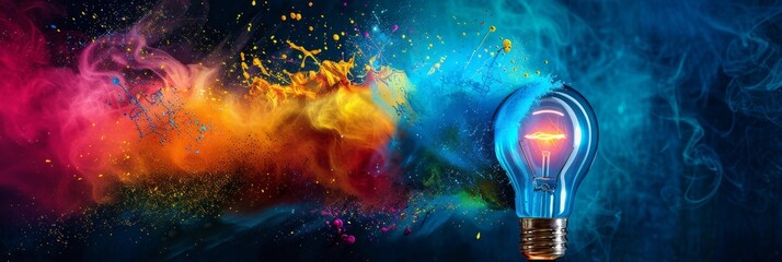 Poster - This colorful light bulb symbolizes a new idea, a brainstorming concept. A bright banner with splashes of color.